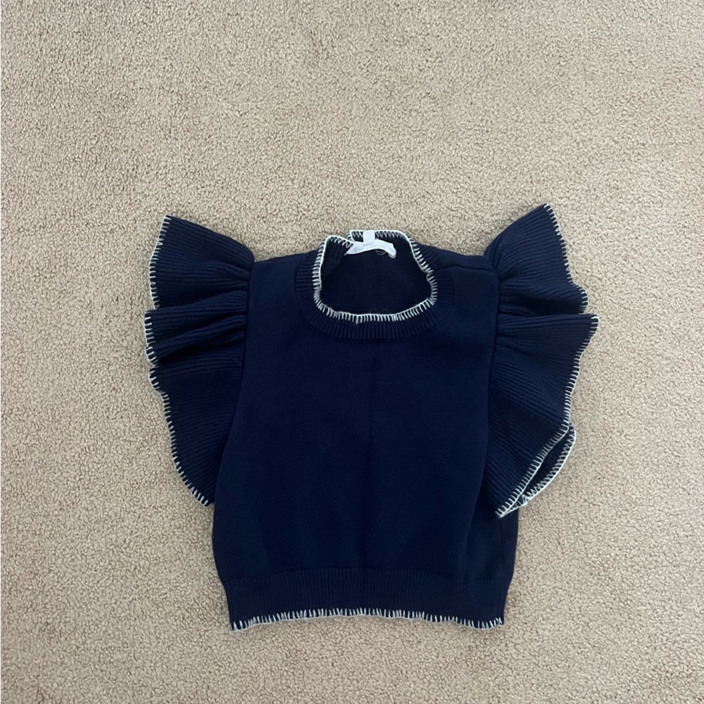Navy Ruffle Sleeve Top with White Trim